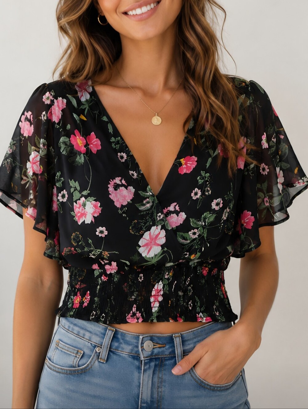 Haver &Blair Lonfon- Women's Black Floral V-Neck Blouse with Smocked Waist- Lg